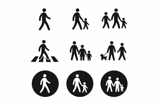 Black silhouette icons of people walking individually and in groups