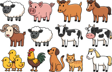 Cute Farm Animals Cartoon Vector Set Sheep, Cow, Pig, Horse, Rooster, Chicks, Cat, Dog