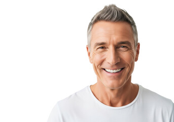 Obraz premium mature caucasian man in a white t-shirt, smiling confidently, showing teeth, grey hair, transparent studio background, concept of healthy aging and vitality