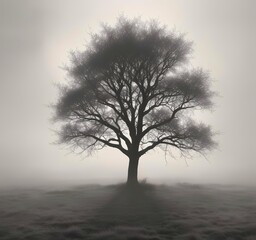 Obraz premium Spring landscape with tree silhouette in fog, minimal composition, dreamy and mysterious mood