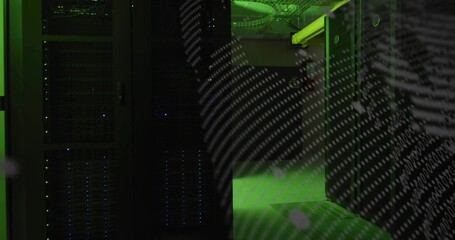 Naklejka premium Lining server racks glowing status LEDs in server room showing fingerprint bits overlay, copy space
