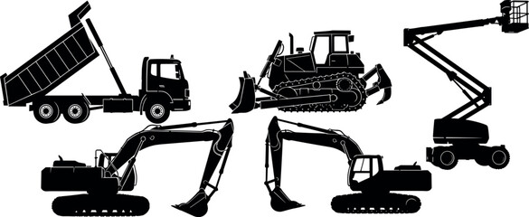 Heavy Construction Equipment Silhouettes Featuring Dump Truck Bulldozer Excavator Crawler Machines and Aerial Work Platform Icons Isolated on White Background for Engineering Illustration Collection © Jomila