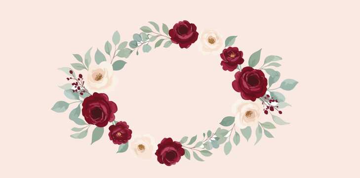 Beautiful floral wreath with red roses and white flowers on soft pink background for decoration or design