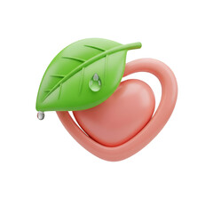Green leaf with water droplet on pink heart-shaped 3D rendering shiny surface