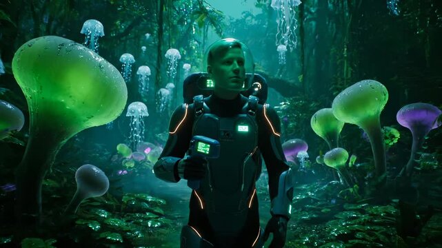person explores underwater forest. explorer inspects jellyfish. suit emits pulse. discovery occurs amid biome and depth. expedition records environment. probe hovers nearby. scifi biome. data logs.
