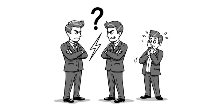 Three business professionals navigate a tense workplace dispute, with two individuals engaged in a heated argument while a third observes the stressful conflict with palpable concern.
