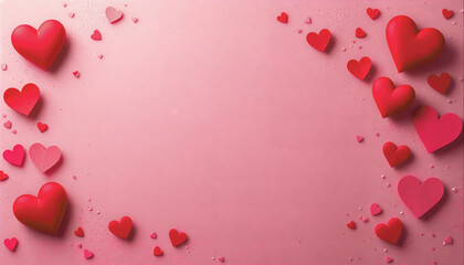 Czerwone i różowe serca 3D na pastelowym tle, minimalistyczna kompozycja walentynkowa z miejscem na tekst