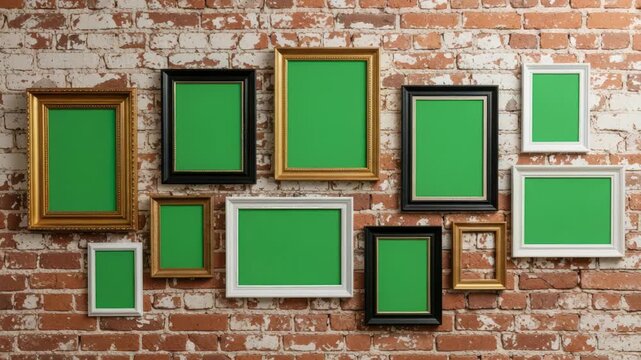 Gallery Wall with Green Screen Picture Frames on Brick Background