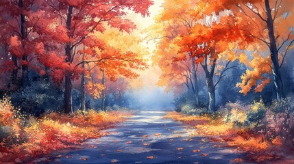 Watercolor Painting of Colorful Leaf Canopy Over Park Path, Sunlight and Dappled Shadows.