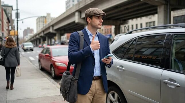 Urban Man in Flat Cap & Blazer Checking Smartphone on City Sidewalk Next to Parked Car, Looking Thoughtfully Amidst Cityscape & Elevated Tracks