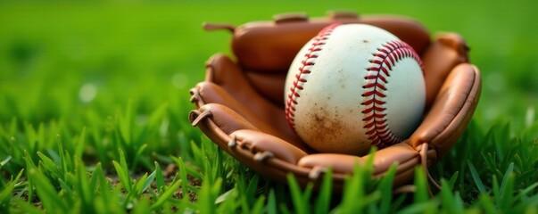 Dusty baseball in leather glove, green grass backdrop, athletic, detail