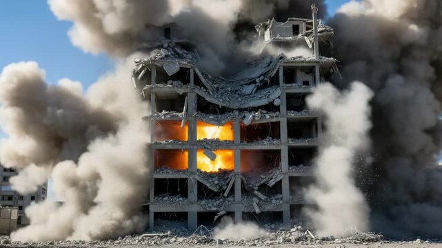Massive building demolition explosion with smoke and fire