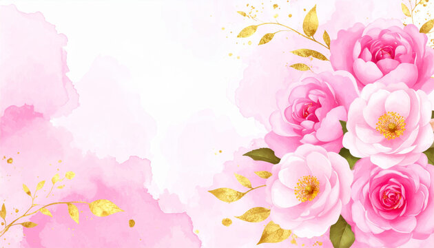 Abstract pink watercolor peony flowers background with gold glitter dust