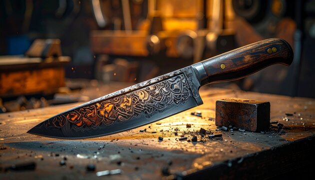 Crafting a detailed knife in a workshop with tools and materials scattered around