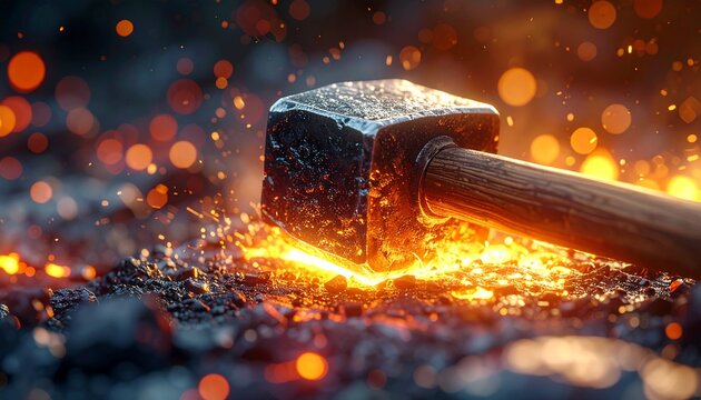 Hammer strikes hot metal in a forge with sparks flying under bright lights and glowing coals
