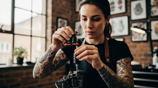 Tattoo Artist Adjusting Machine, Focused Expression, Studio Background, Ink Art