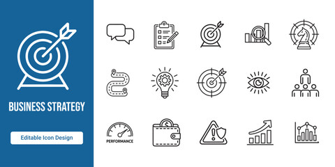 Business Strategy Line Icon Set with Target, Planning, Growth and Analysis Symbols