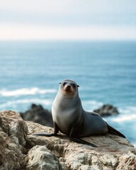 Seal sitting on rocky shore with ocean water in background during daylight.
