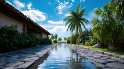 Fototapeta premium Scenic Villa Front Yard Featuring Lush Palm Trees and Serene Stone Pathway Under a Bright Sky