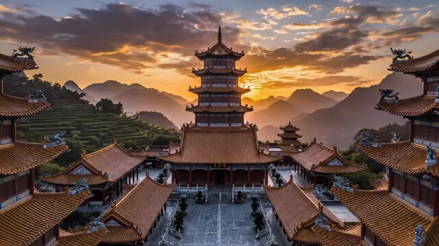Beautiful sunset over traditional Chinese architecture. Majestic pagodas surrounded by stunning mountains create peaceful atmosphere. Serenity and calmness are perfect for relaxation.