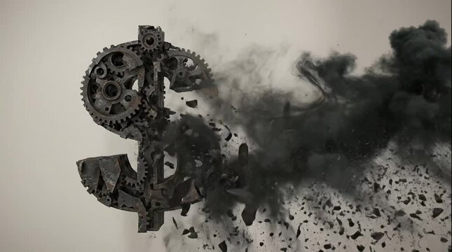 Gear-Constructed Dollar Sign Disintegrating into Smoke, Symbolizing Economic Collapse, Financial Crisis, and Market Instability