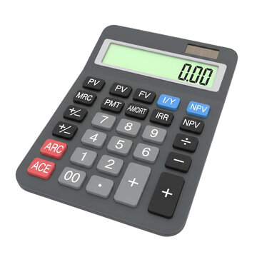 Gray financial calculator with digital display and various function buttons