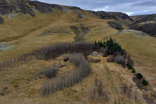 Isolated cabin finding shelter in icelandic valley trees
