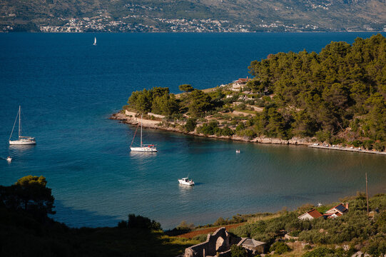 Croatian Coastline with Sailboats at summer day