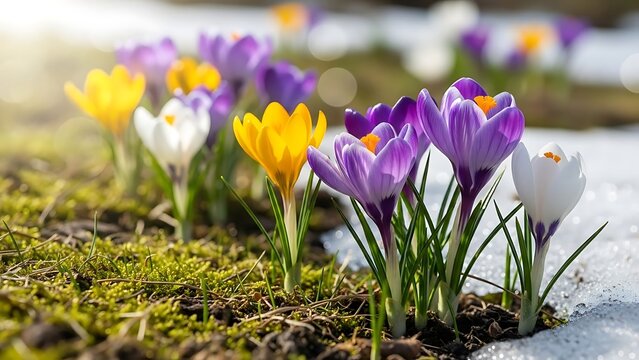 Vibrant Crocus Flowers Blooming Through Melting Snow in Early Spring Garden
