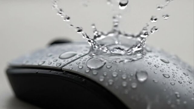 Close up of a silver computer mouse with water droplets against a neutral backdrop