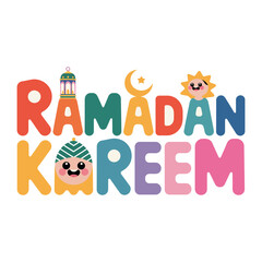 Fototapeta premium Ramadan Kareem Illustration: Colorful illustration celebrating the holy month, with the words Ramadan Kareem in vibrant letters, decorated with festive symbols.