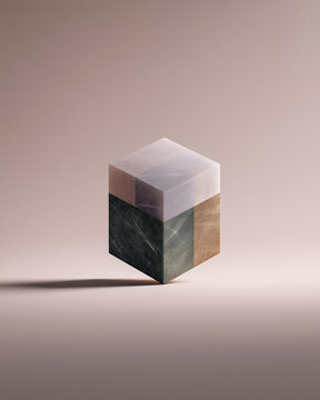 Geometric Cube Made of Different Natural Stone Materials Including Marble and Green Granite on Neutral Beige Background