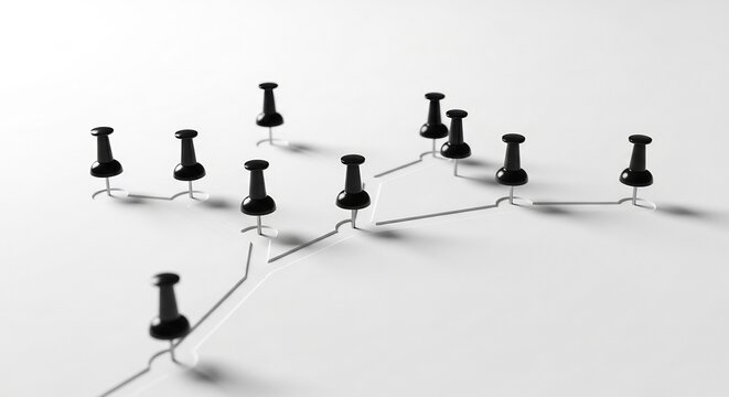 abstract network of black pushpins on white surface showing connections