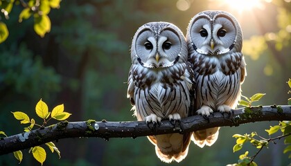 Fototapeta premium Zwei Habichtskauze – Nahaufnahme, sitzend auf einem Ast im Wald.