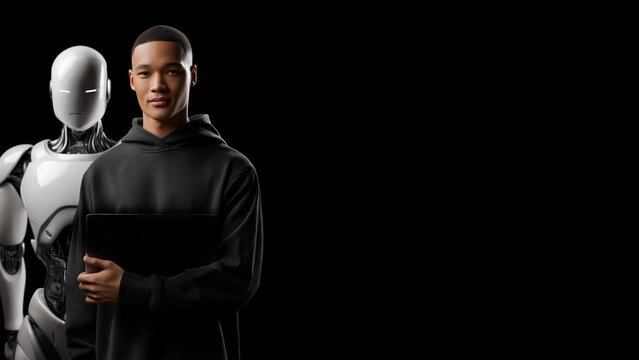 Student mit pers&ouml;nlichem KI-Roboter-Assistenten symbolisiert Zukunft des Lernens und der Bildung