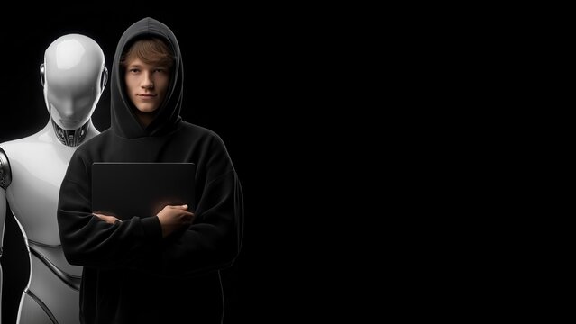 Student mit pers&ouml;nlichem KI-Roboter-Assistenten symbolisiert Zukunft des Lernens und der Bildung