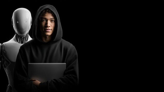 Student mit pers&ouml;nlichem KI-Roboter-Assistenten symbolisiert Zukunft des Lernens und der Bildung