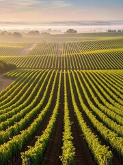 Obraz premium Rolling vineyard rows at sunrise with mist creating peaceful rural landscape