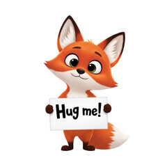 Obraz premium Adorable cartoon fox holding a hug me sign isolated on transparent background
