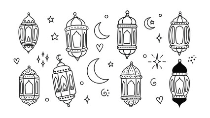 Artistic lanterns illustration: A collection of exquisitely drawn lanterns and celestial elements such as moon and star. Embellished with creative touch. Capturing the celebration spirit © Nusaybah