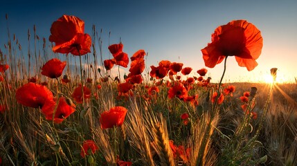 Obraz premium Vibrant red poppies bloom in a golden wheat field at sunset with clear blue sky and warm sunlight