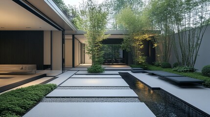Naklejka premium A modern courtyard with geometric paving, minimalist water features, and greenery. .