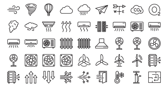 Airflow, Ventilation and HVAC line icon set. Vector pictograms of air conditioning, heating, fans, wind, temperature, clouds, and natural elements, thin linear illustration.

