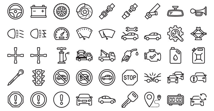 Car service, parts and traffic line icon set. Vector pictograms of car, engine, steering wheel, battery, gas pump, brake disc, tire, car key, crash, and repair services, thin linear illustration.

