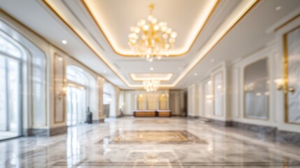 Abstract blurred background of a luxury hotel lobby or palace hall with marble floor and ornate chandeliers