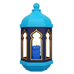 Blue 3D Islamic Lantern: Hexagonal fanous with gold trim and blue candle light, Ramadan decoration, Eid Mubarak lighting, traditional oriental lamp and religious ambiance concept