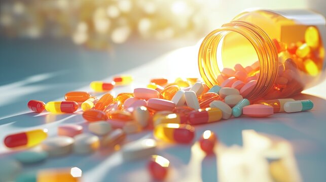 A close-up of open vitamin pill bottles, with colorful tablets spilling out onto a pristine white surface illuminated by soft light .