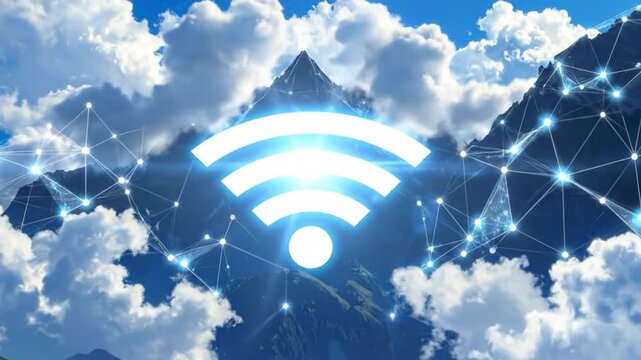 Wireless connectivity concept with a glowing wifi symbol over a mountain landscape.