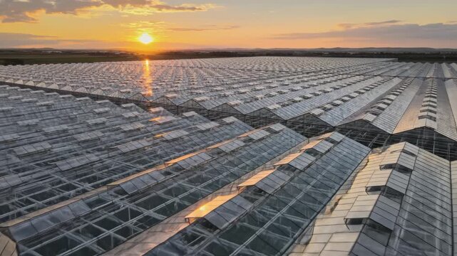 Large greenhouse complex at sunset