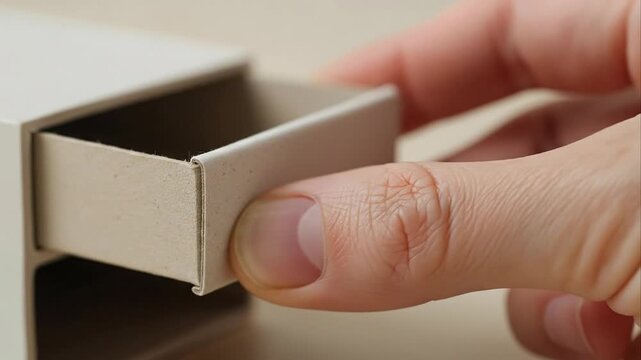 Hand opens empty box drawer on plain background